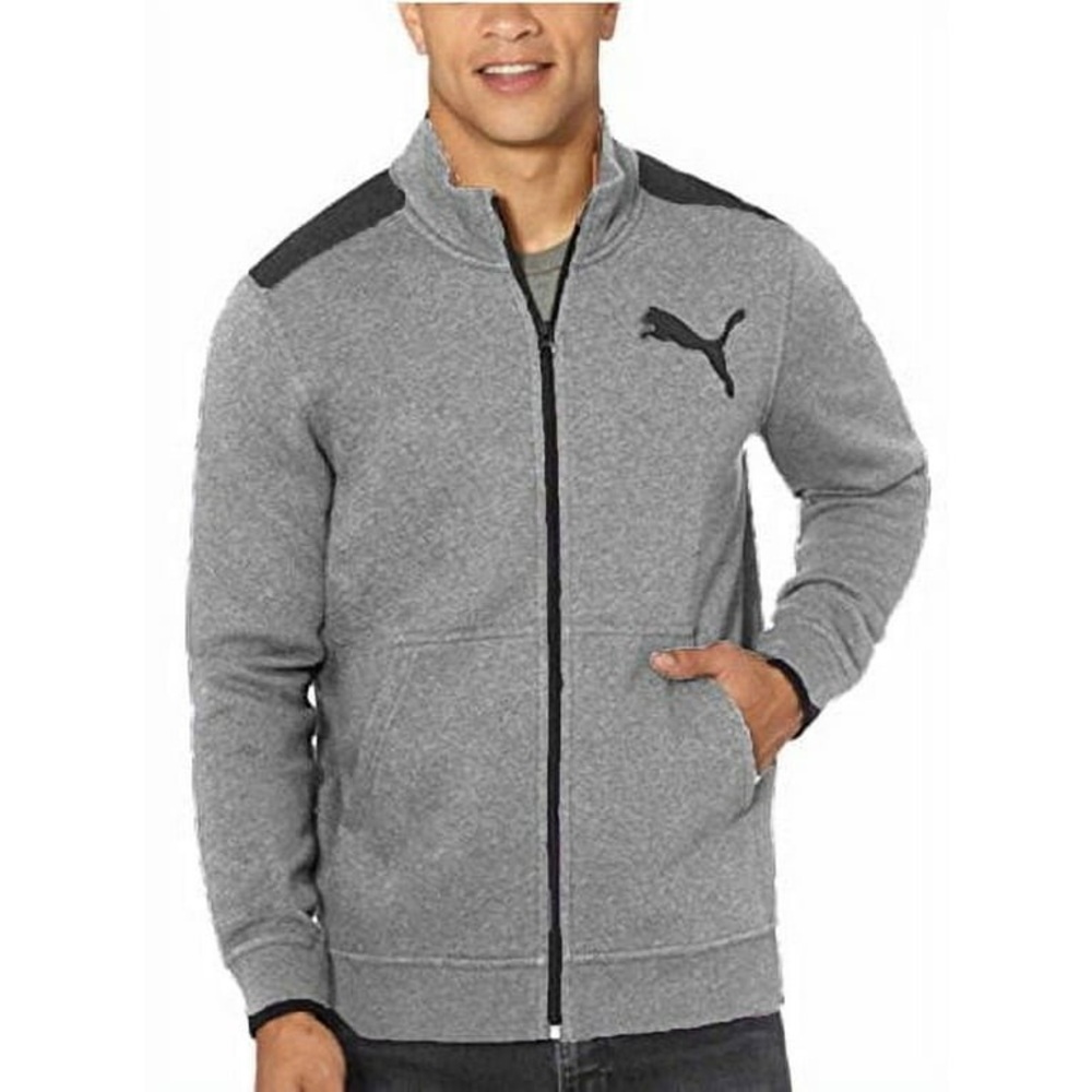 Puma Men's Full Zip Logo Fleece Track Jacket Kangaroo Pockets (Heather Grey)